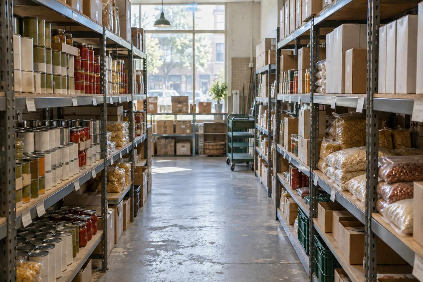 One aisle of the pantry before opening: tall metal shelves of plain-label cans, bags of rice and pasta and boxed cereal, hand-written shelf tags, morning light from the old shopfront window at the far end.