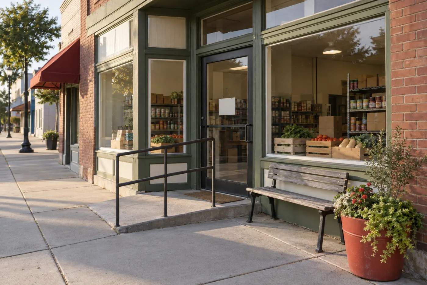 The front of a former hardware store: brick and green-painted wood, a glass door with a small blank sign card, a ramp with a plain rail, a wooden bench and a terracotta planter of flowers on the pavement in early morning light.