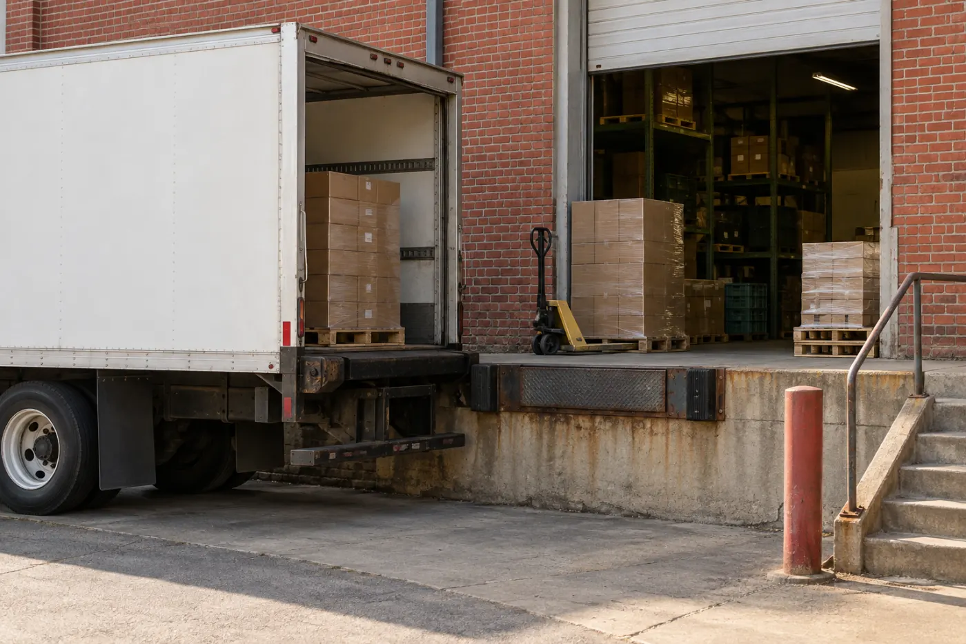 A plain white box truck backed up to the loading dock behind an old brick building, roll door up, pallets of shrink-wrapped boxes on the dock beside a pallet jack, the bay door open onto a dim storeroom.