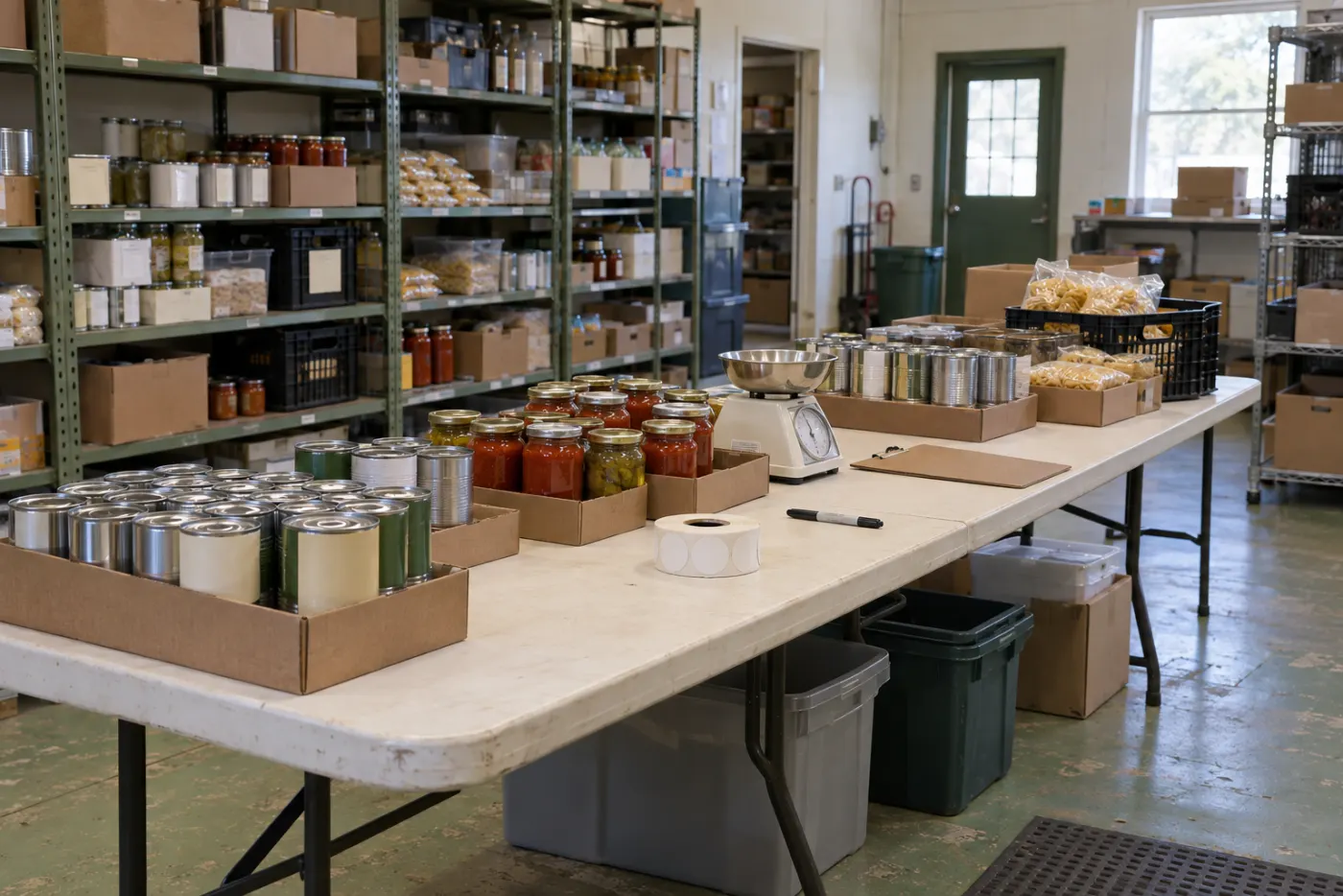 A long folding table in the back room with cans and jars grouped into cardboard trays, a kitchen scale, a roll of plain round stickers, a marker and a face-down clipboard; shelves of jars behind, a back door with a window.