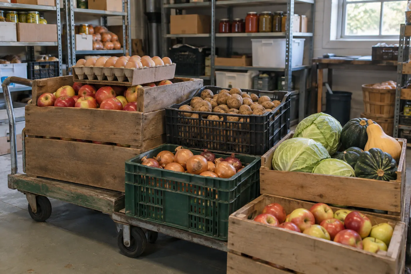 Wooden and plastic crates of apples, potatoes, onions, cabbages and squash stacked on a low cart and the storeroom floor, a cardboard flat of eggs on top, a small window and metal shelving behind.