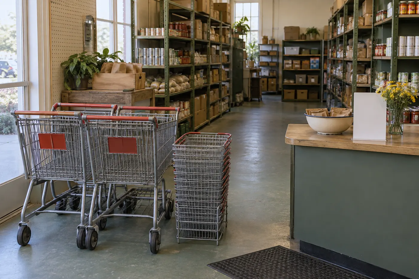 Three empty shopping carts and a stack of wire baskets at the front of a pantry aisle before opening, a wooden desk with a bowl of folded bags, old hardware-store shelving and a pegboard wall behind, soft window light.
